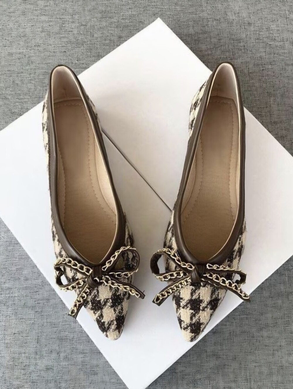 Pointed Toe Flat Shoes Women New Houndstooth Bowknot Elegant Ladies' Shoes